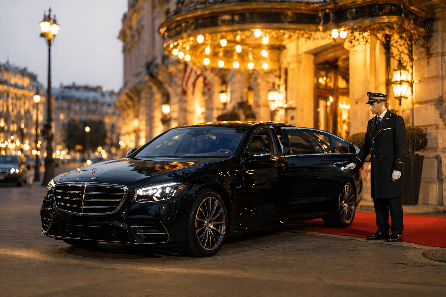 Бизнес-седан Mercedes-Benz у отеля в Вене