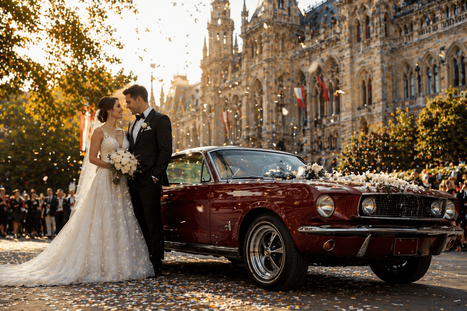 Жених и невеста у ретро-автомобиля перед венской ратушей